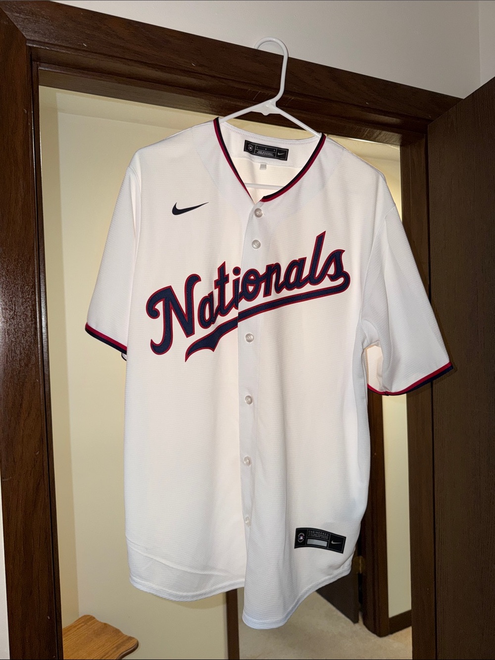 Nike White Nationals Button-Up Baseball Jersey with Navy & Red Trim
